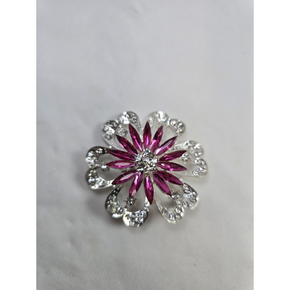 Vintage Pink Rhinestone Flower Brooch Silver Tone Filigree Floral Pin 2.5 Inch